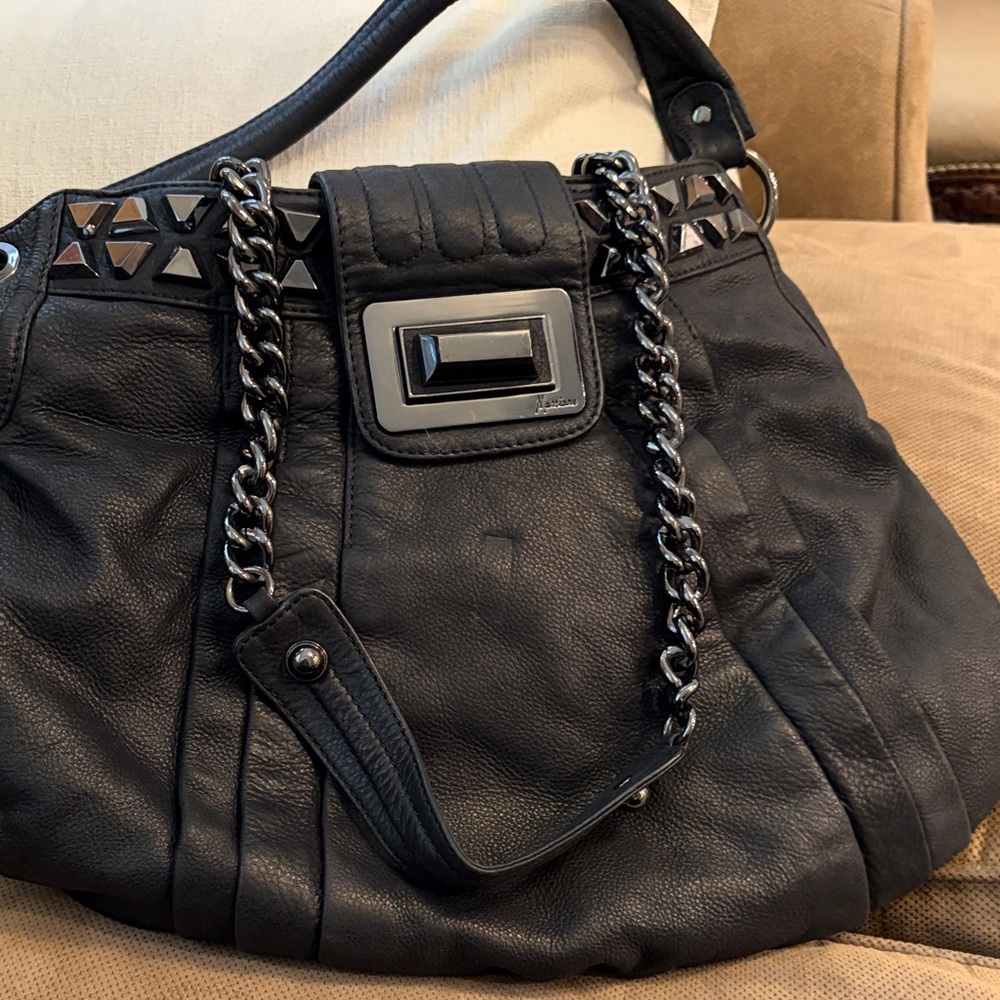 Black Leather & Gun Metal Chain-Hardware and Straps Women’s Shoulder Bag